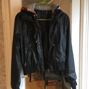 Black leather and plaid Bomber jacket